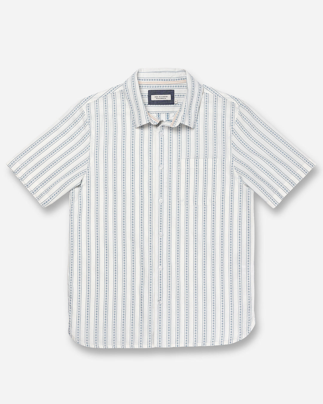 Front of flat lat of Ace rivington light-weight tailored shirt in off-white with light blue vertical stripes and dark blue diamond pattern within each stripe with pearl buttons and left-breast pocket