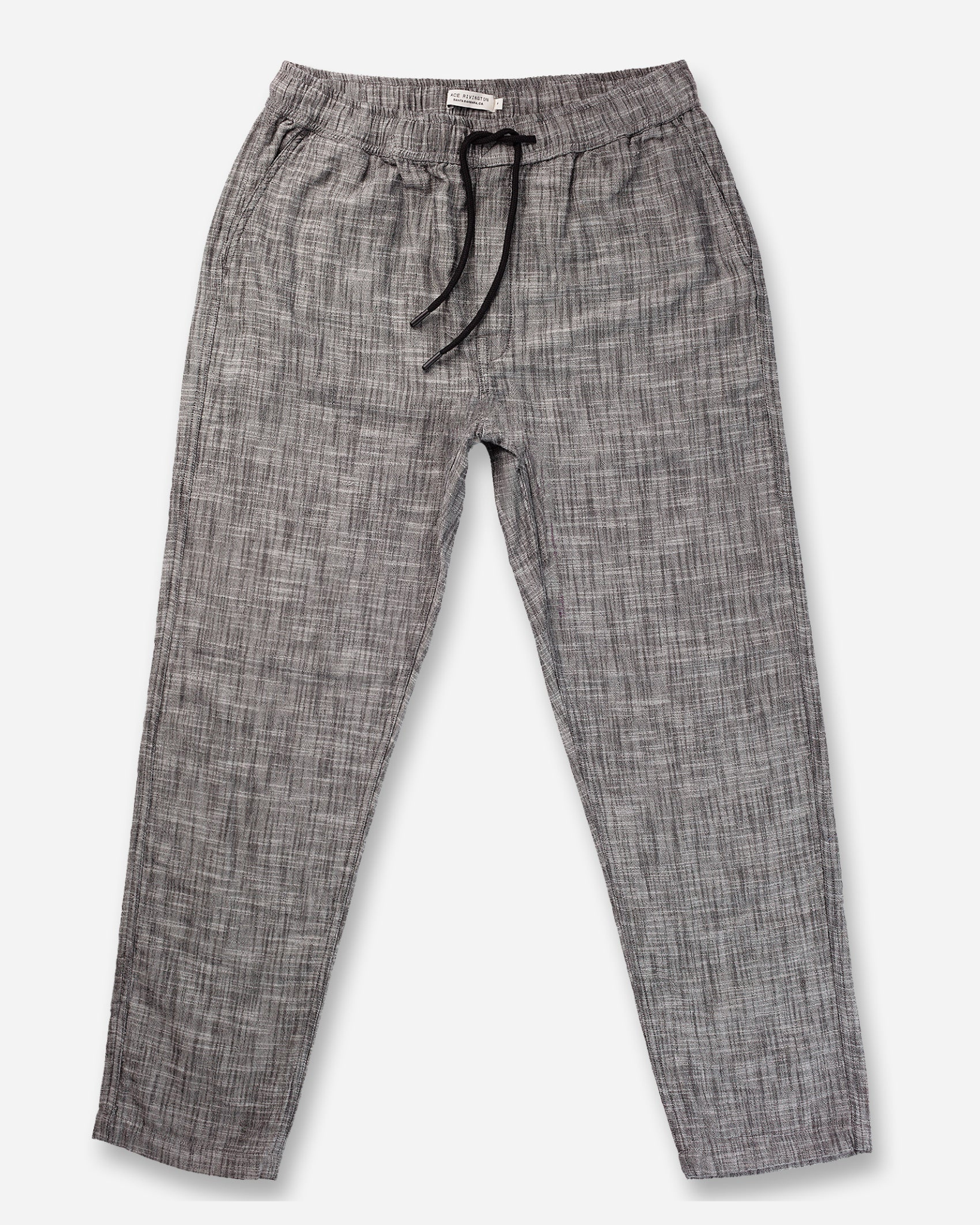 Double Gauze - Resort Pant - Black back view flat lay of lightweight pants in a charcoal black double gauze fabric, featuring an elastic waistband and single rear patch pocket with black trim.