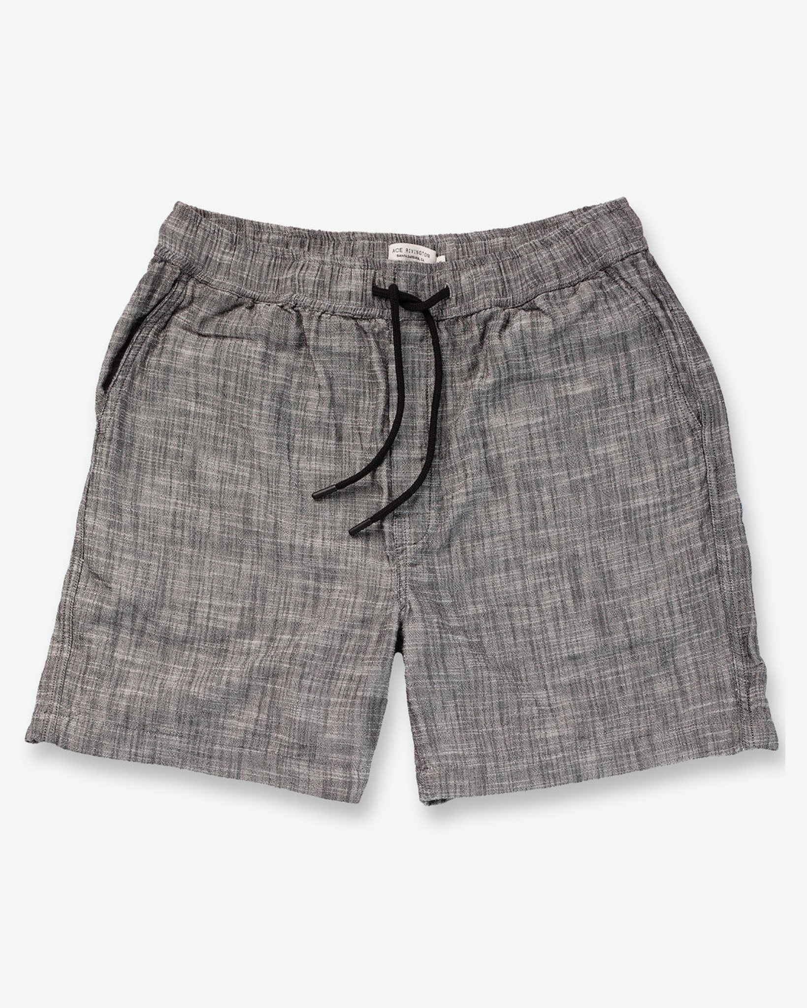 Double Gauze - Resort Shorts - Black flat lay front view of lightweight textured shorts in a charcoal black hue, featuring an elastic waistband with a black drawstring and side pockets.