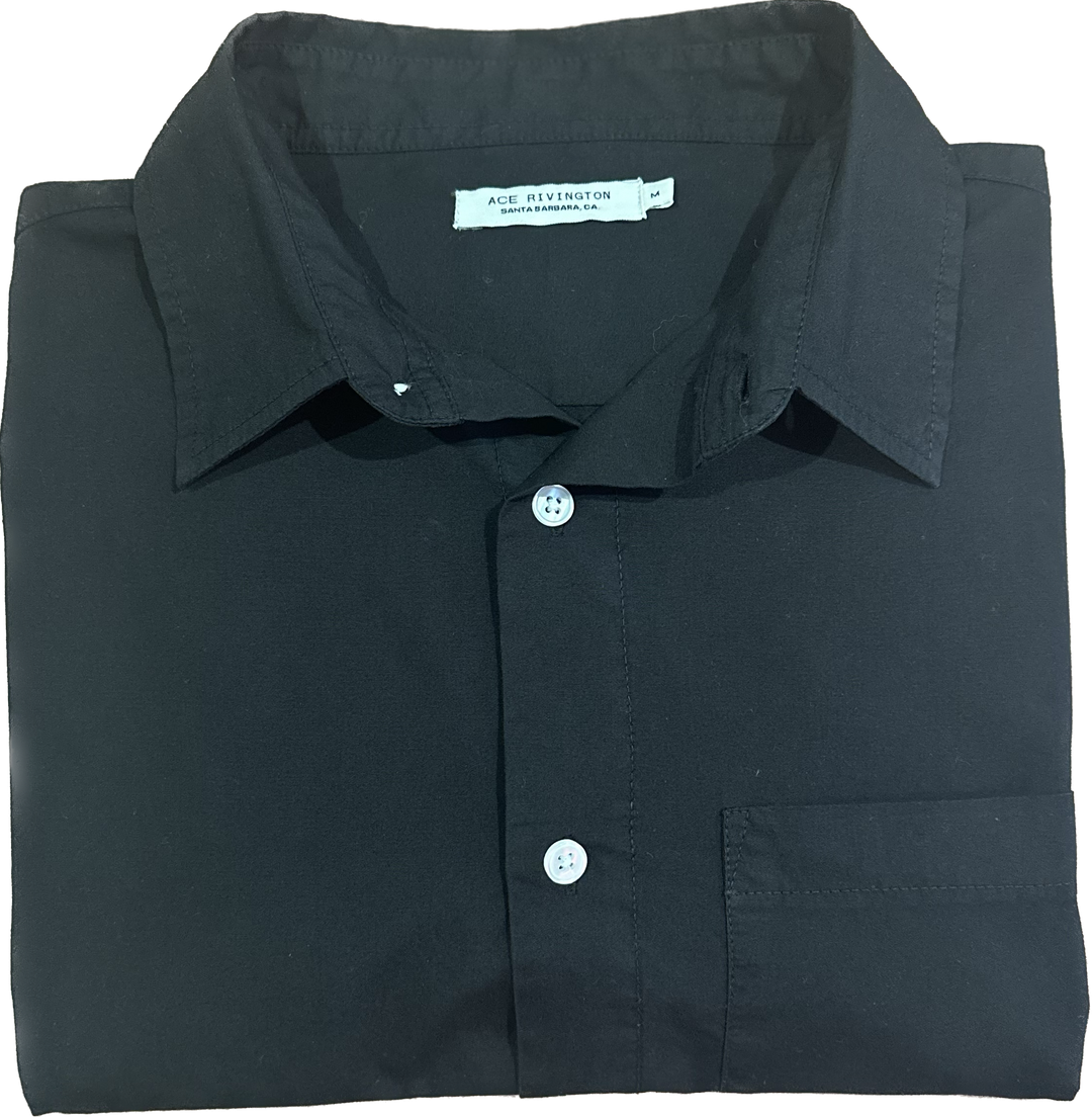 front of folded men's black long sleeve tailored poplin shirt with color matched buttons and a single pocket in standard height option