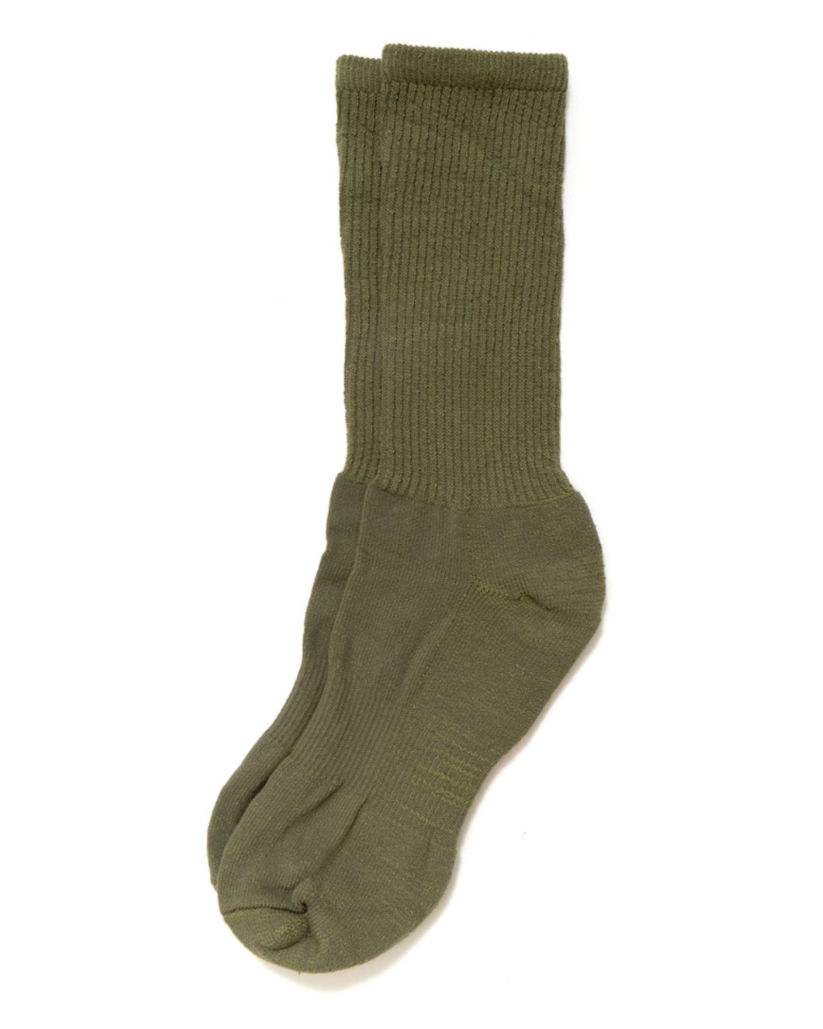 Mil-Spec Sport Socks - Olive Green laid flat from a top-down view against a white background. These socks feature a ribbed texture along the calf and a smooth finish in the foot area. The cushioned sole adds extra comfort.