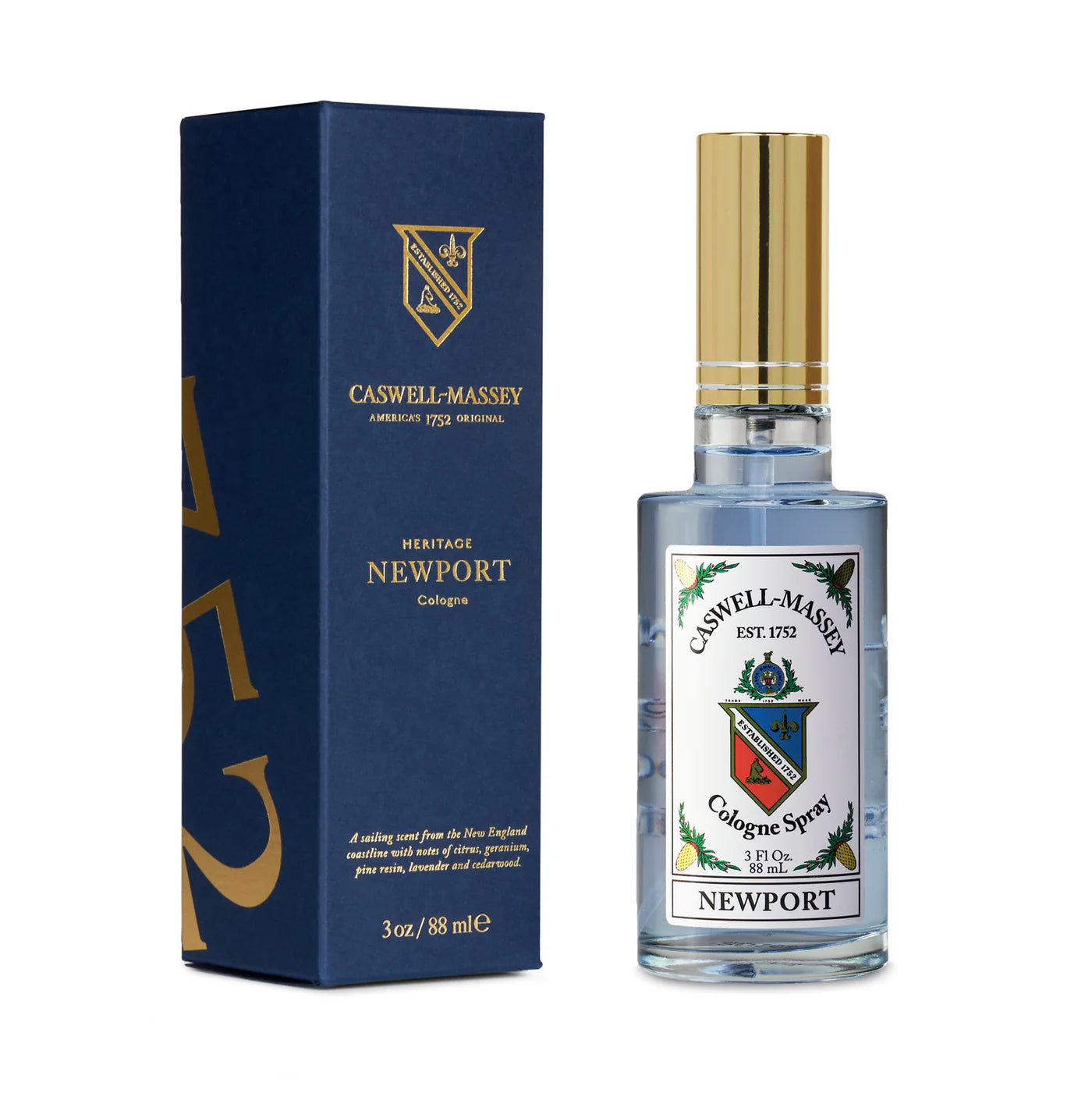 Ace Rivington Caswell-Massey Newport Cologne shows a blue box with gold lettering and a bottle of cologne with a gold cap. The label on the bottle reads 'Caswell-Massey EST. 1752 Cologne Spray Newport' and features a colorful crest. The box also has the text 'Caswell-Massey American 1752 Original Heritage Newport Cologne' and '3oz / 88ml