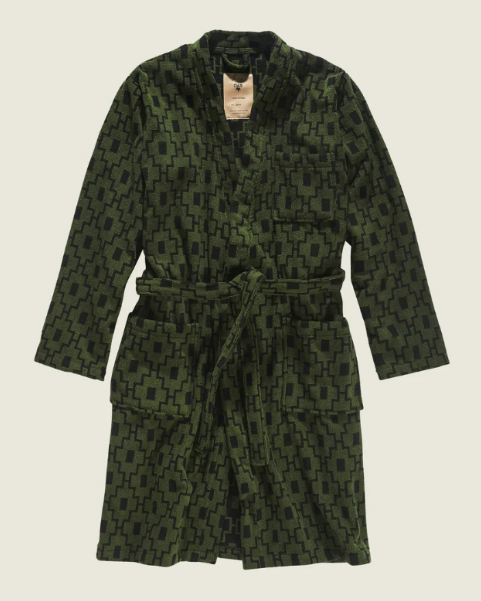 OAS Terry - Robe - Machu Pichu flat lay of a long-sleeve terry robe in olive green with a black geometric pattern, featuring patch pockets, waist belt, and a soft textured finish.