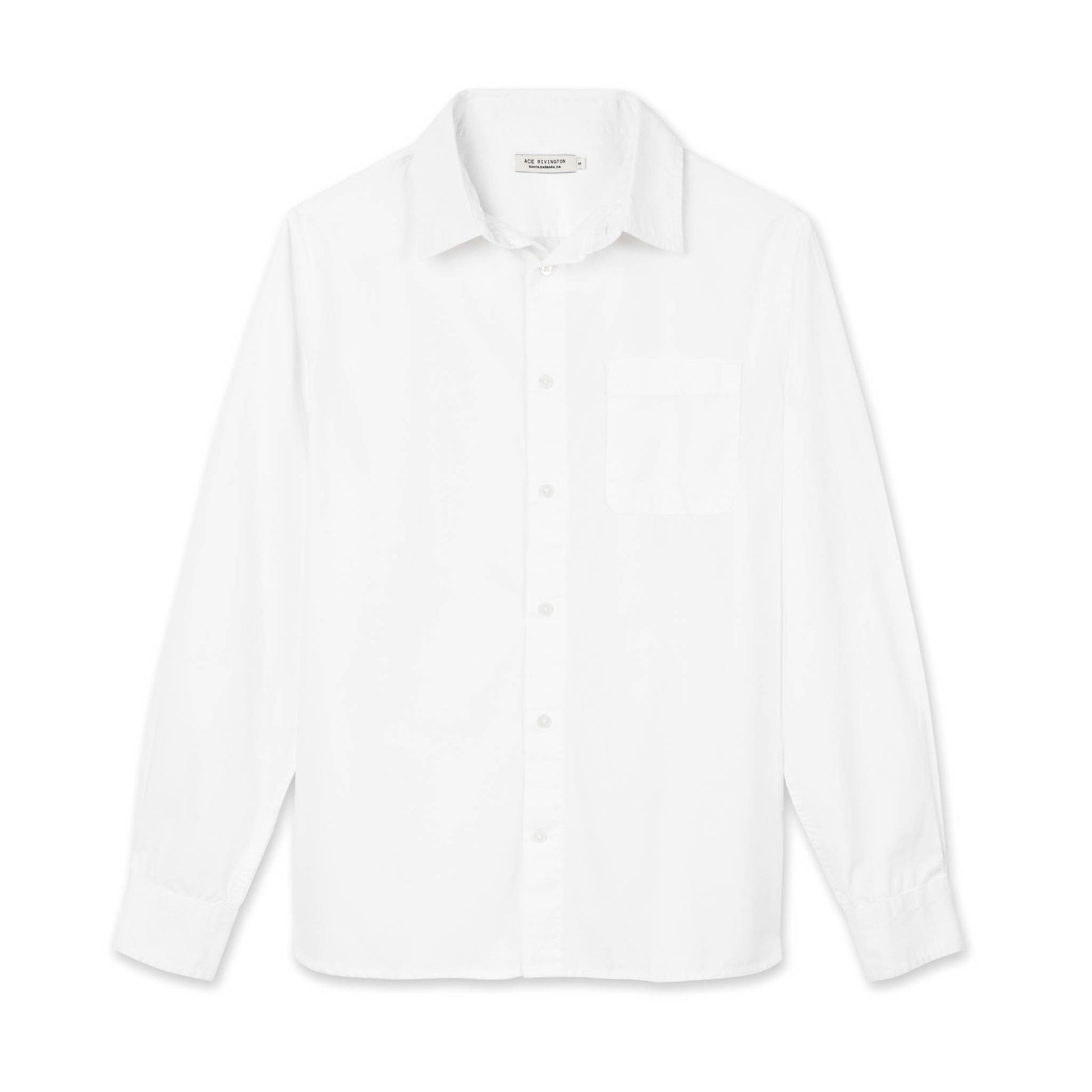 front of men's white long sleeve tailored poplin shirt with color matched buttons and a single pocket in shorter-hem height option