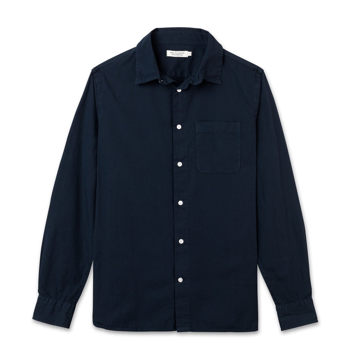 front of men's navy long sleeve tailored poplin shirt with pearl buttons and a single pocket in shorter-hem height option