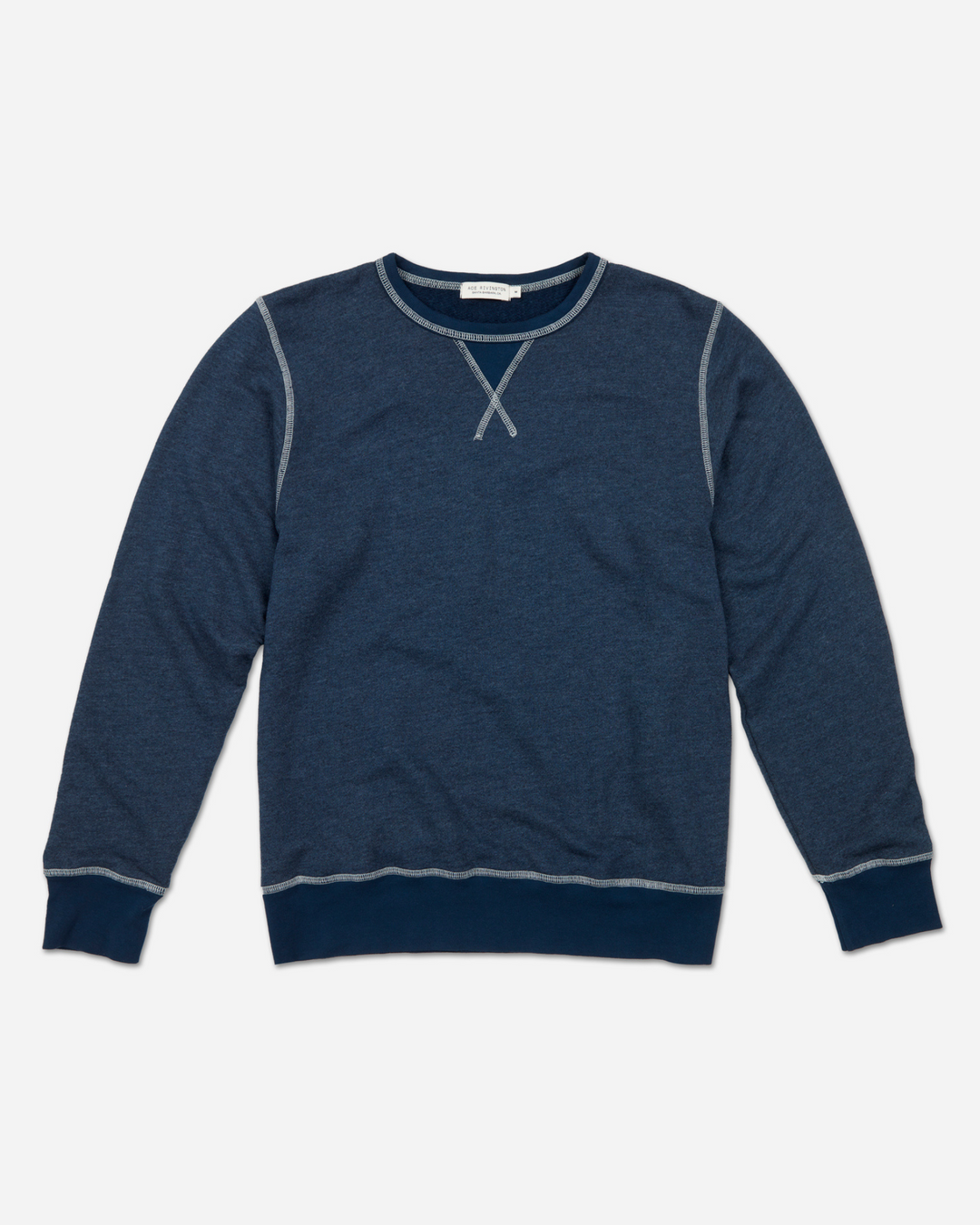 front of fully extended off navy blue homespun french terry crew neck sweatshirt with white accent stitching