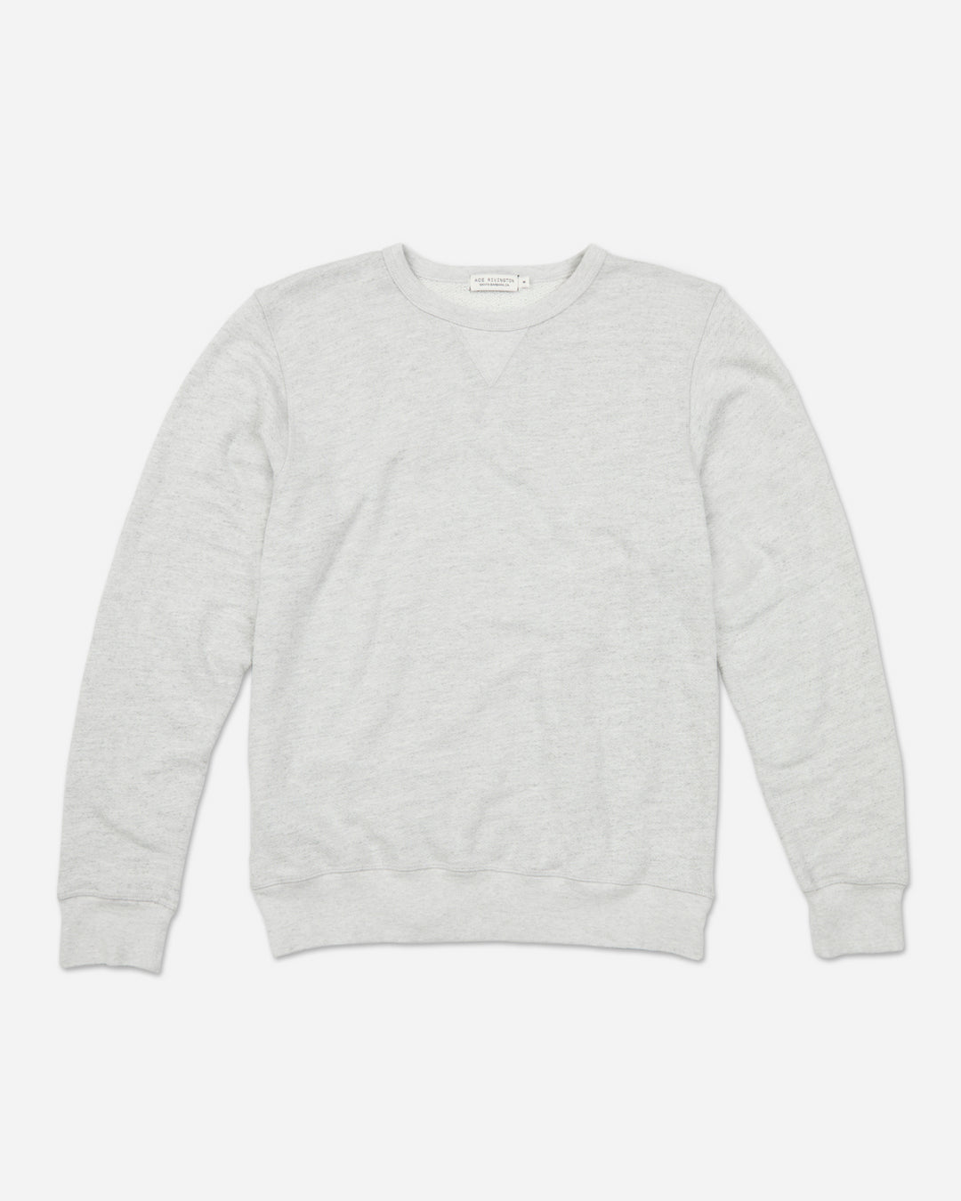 front of fully extended off white grey homespun french terry crew neck sweatshirt with white accent stitching