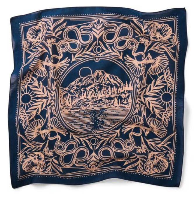 The Ace Rivington Bandits Bandanas - Deep In Nature features a dark blue background with detailed beige illustrations of mountains, a sun or moon, birds, flowers, and intertwining snakes, framed by large corner flowers and a dotted border.