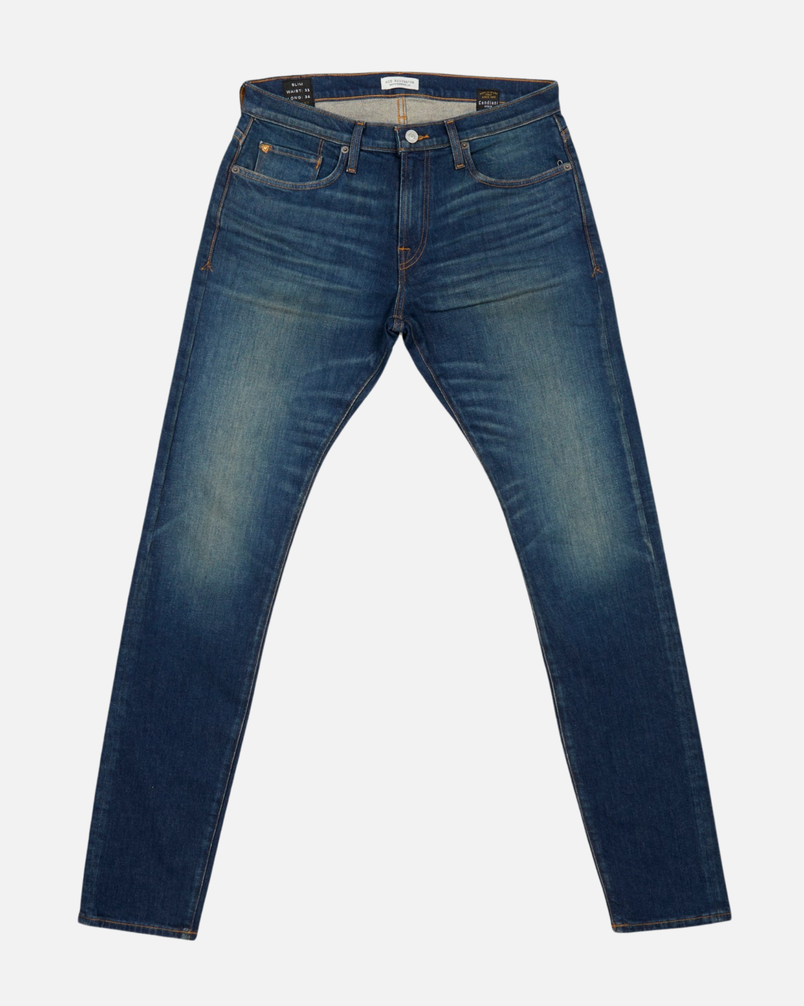front of fully extended pair of high quality slim cut men's green hue blue jeans with slight wear