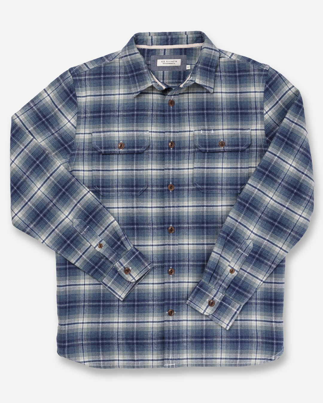 front of men's off white and light blue plaid pattern flannel with brown buttons and white collar stripe and overlaid arms in standard height option