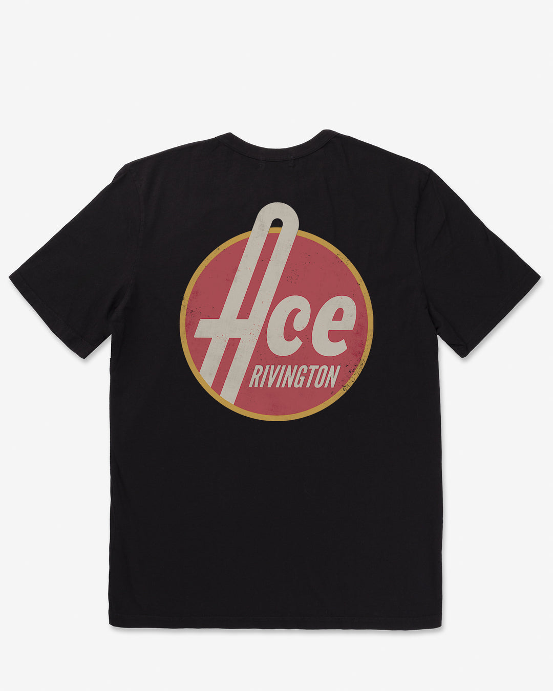back of men's black graphic tee shirt parodying 1950's style aesthetic reading "Ace Rivington" in bold off-white text encircled by a red fill and gold rim