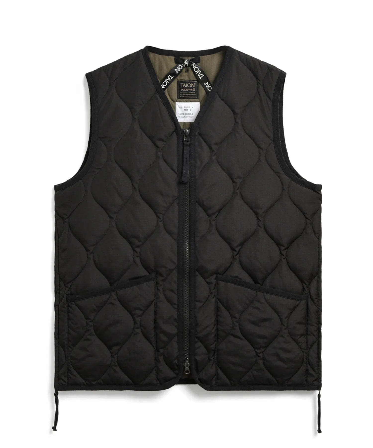 Military Zip V-Neck Down Vest - Black