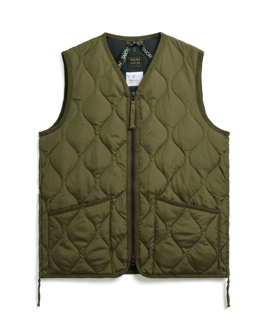 Military Zip V-Neck Down Vest - Dark Olive