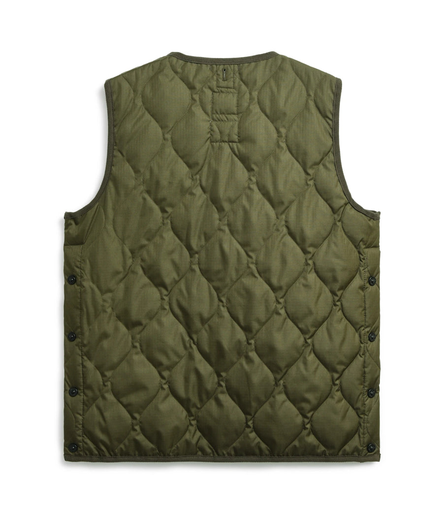 Military Zip V-Neck Down Vest - Dark Olive