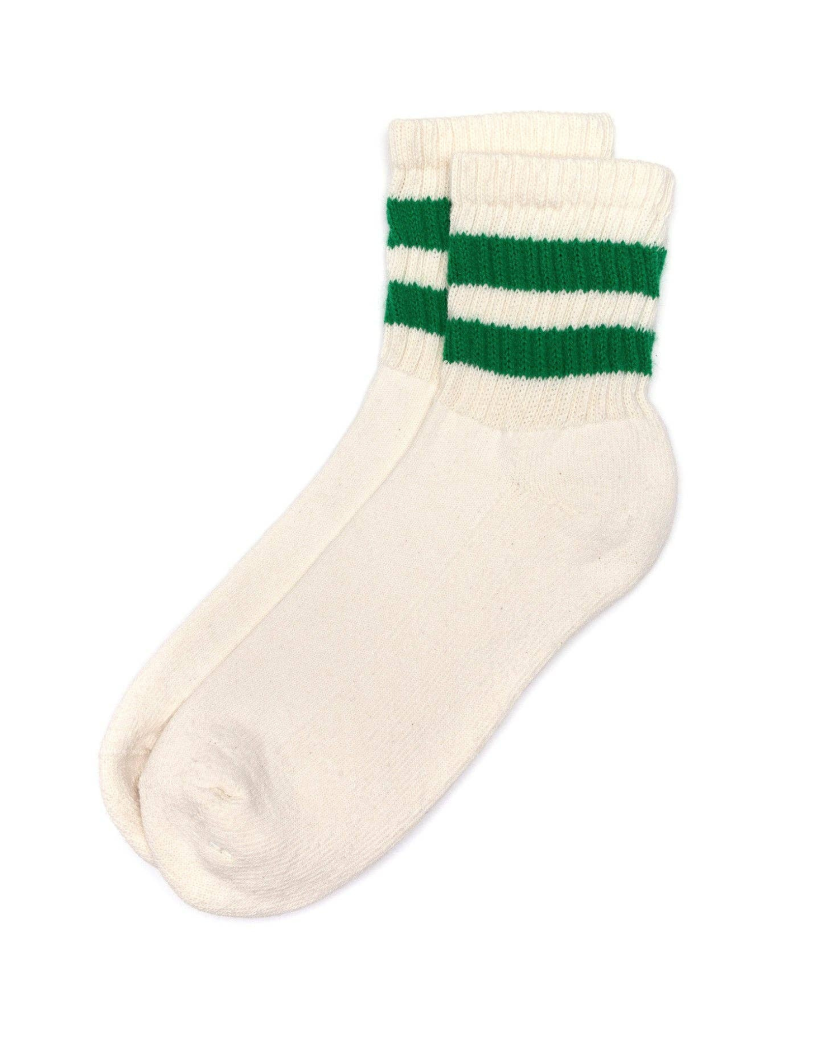 The Mono Stripe Quarter Crew - Green top-down view cream quarter crew sock with double green stripes across the cuff on a white background.