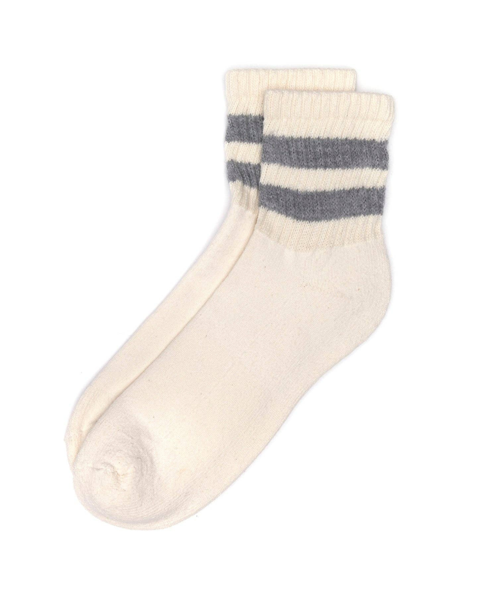 The Mono Stripe Quarter Crew - Heather Grey top-down view cream quarter crew sock with double grey stripes across the cuff on a white background.