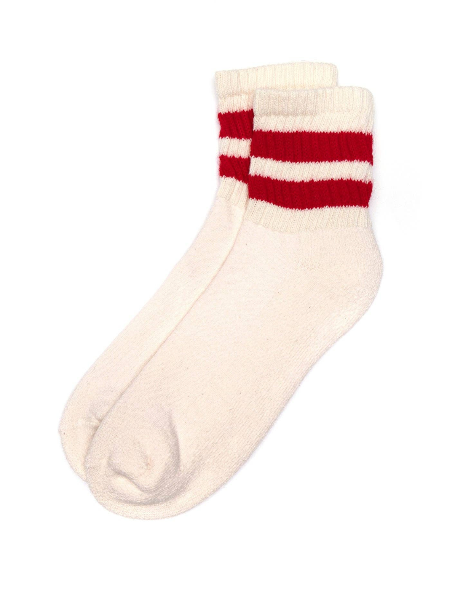 The Mono Stripe Quarter Crew - Red top-down view cream quarter crew sock with double red stripes across the cuff on a white background.