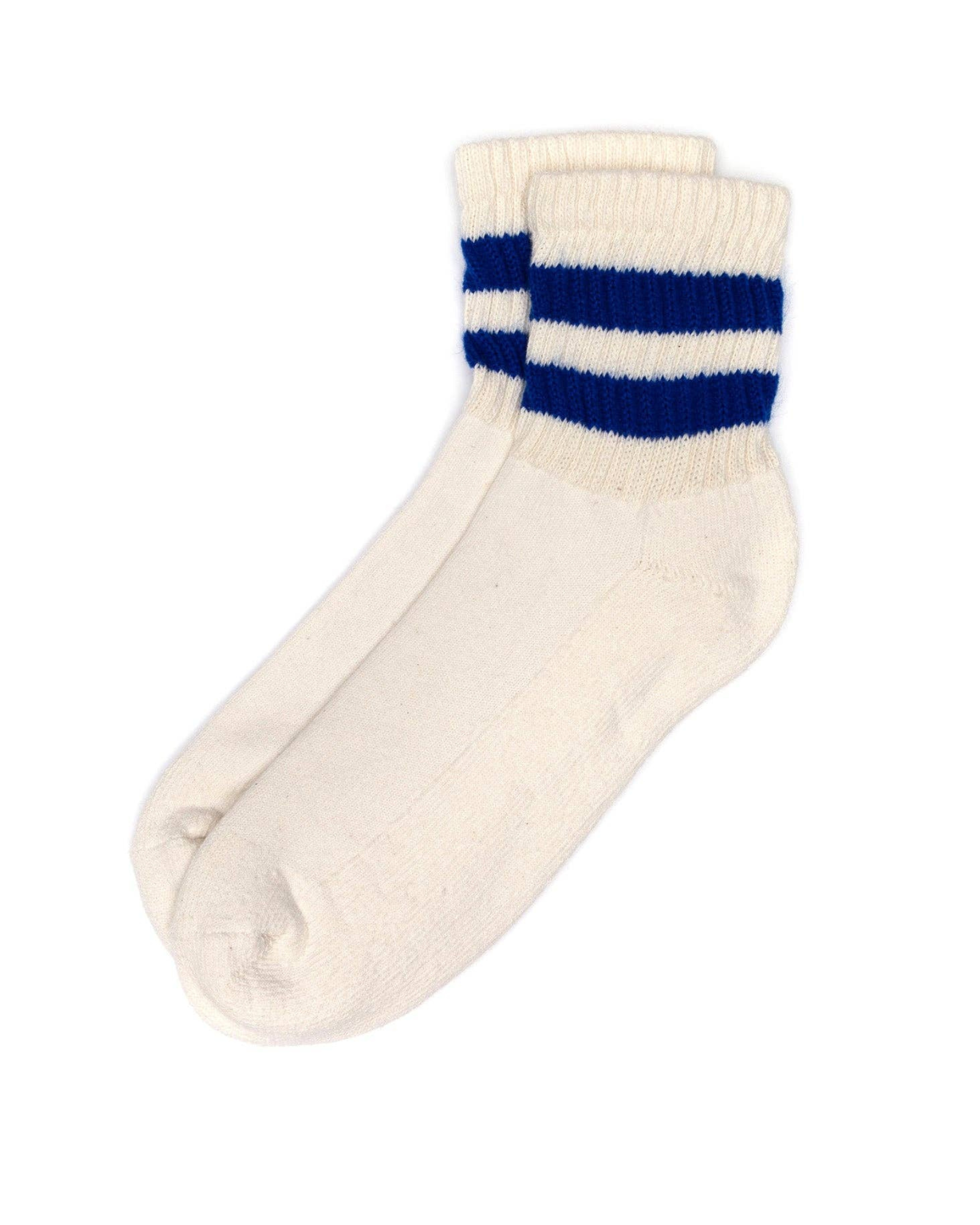The Mono Stripe Quarter Crew - Royal Blue top-down view cream quarter crew sock with double royal blue stripes across the cuff on a white background.