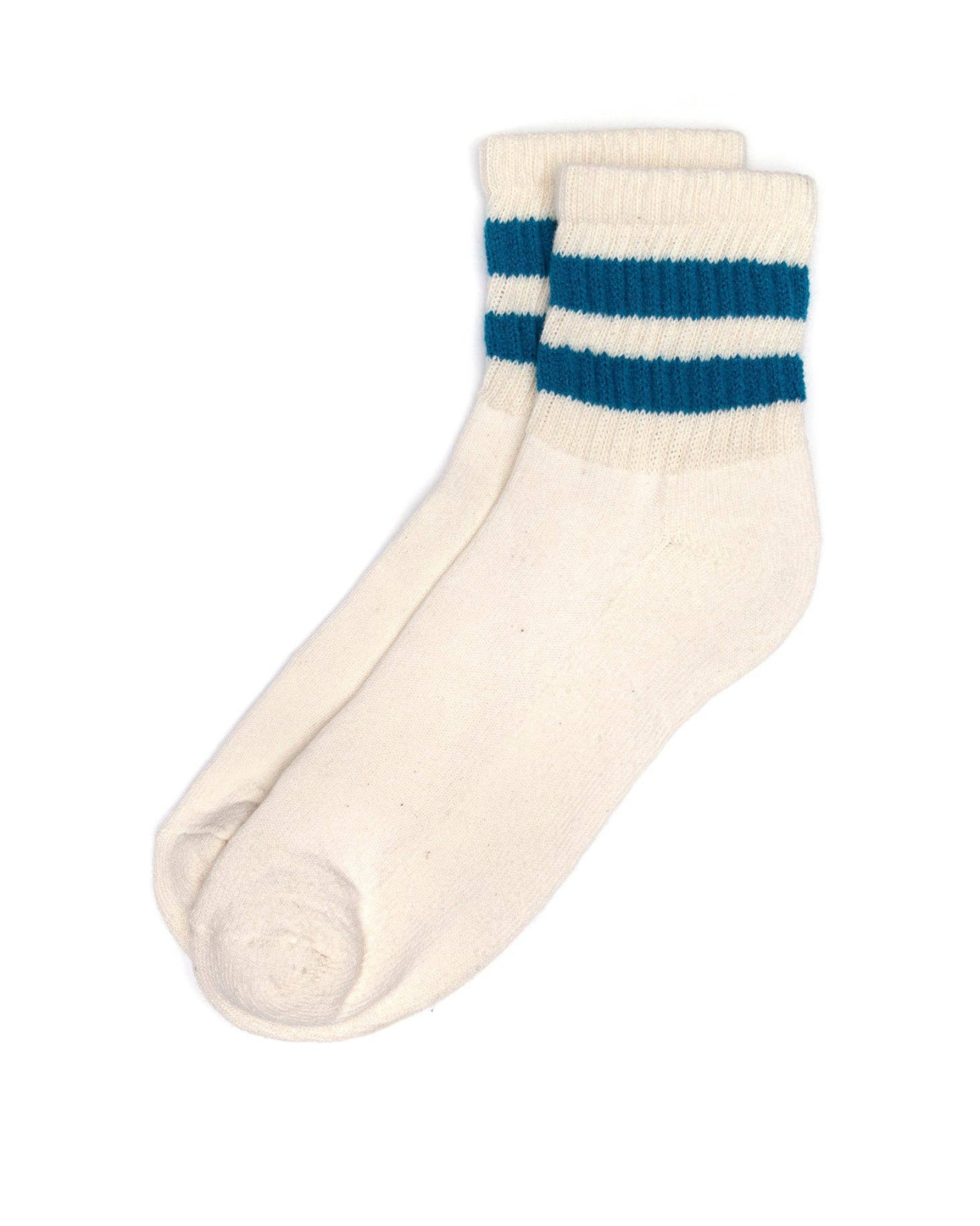 The Mono Stripe Quarter Crew - Teal top-down view cream quarter crew sock with double teal stripes across the cuff on a white background.