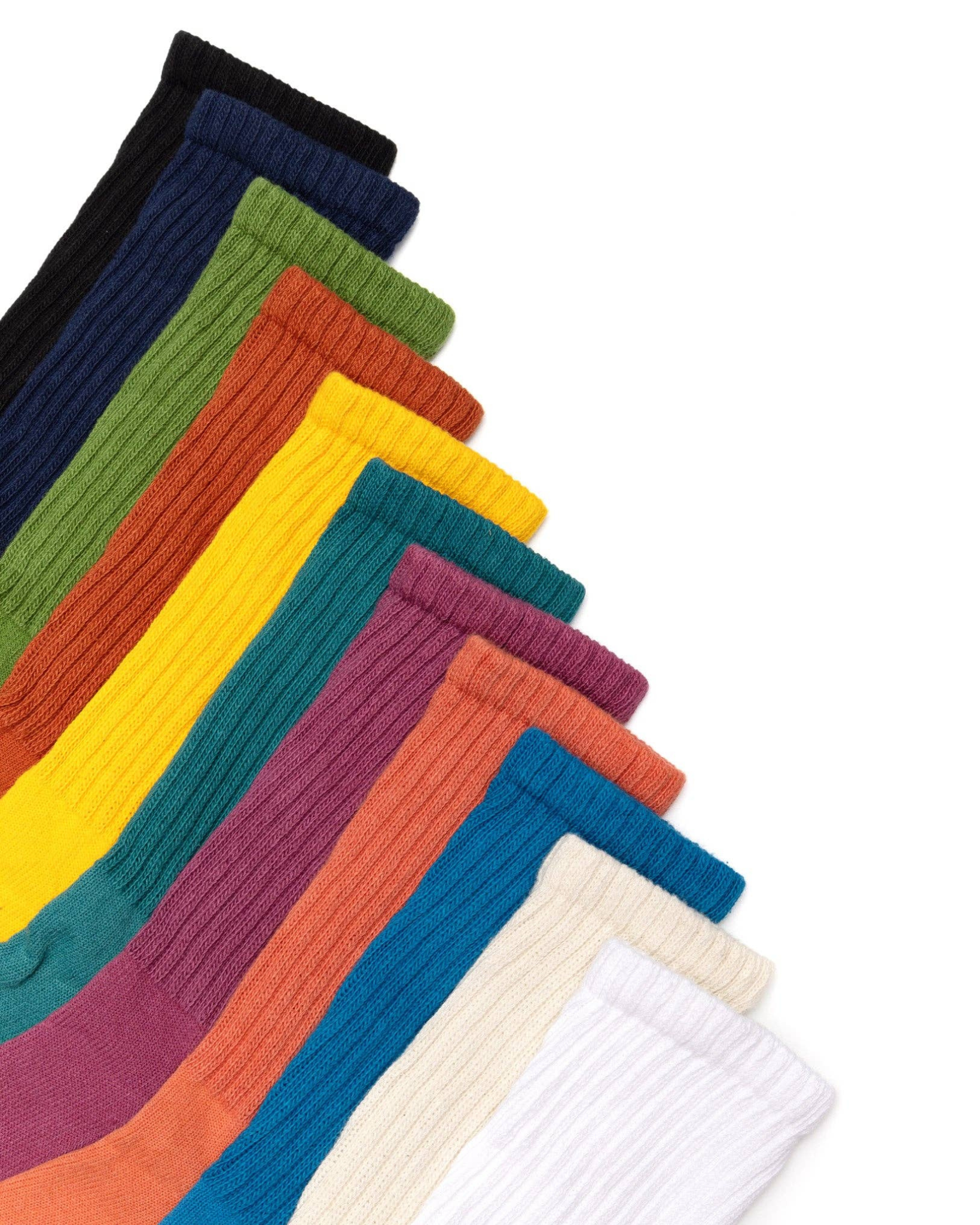 The Solids - Assorted Colors are displayed in a fan arrangement, showcasing a wide range of ribbed crew socks in vibrant and neutral tones on a white background.