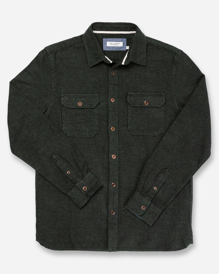 front of men's forest green flannel with brown buttons and a white collar stripe and overlaid arms