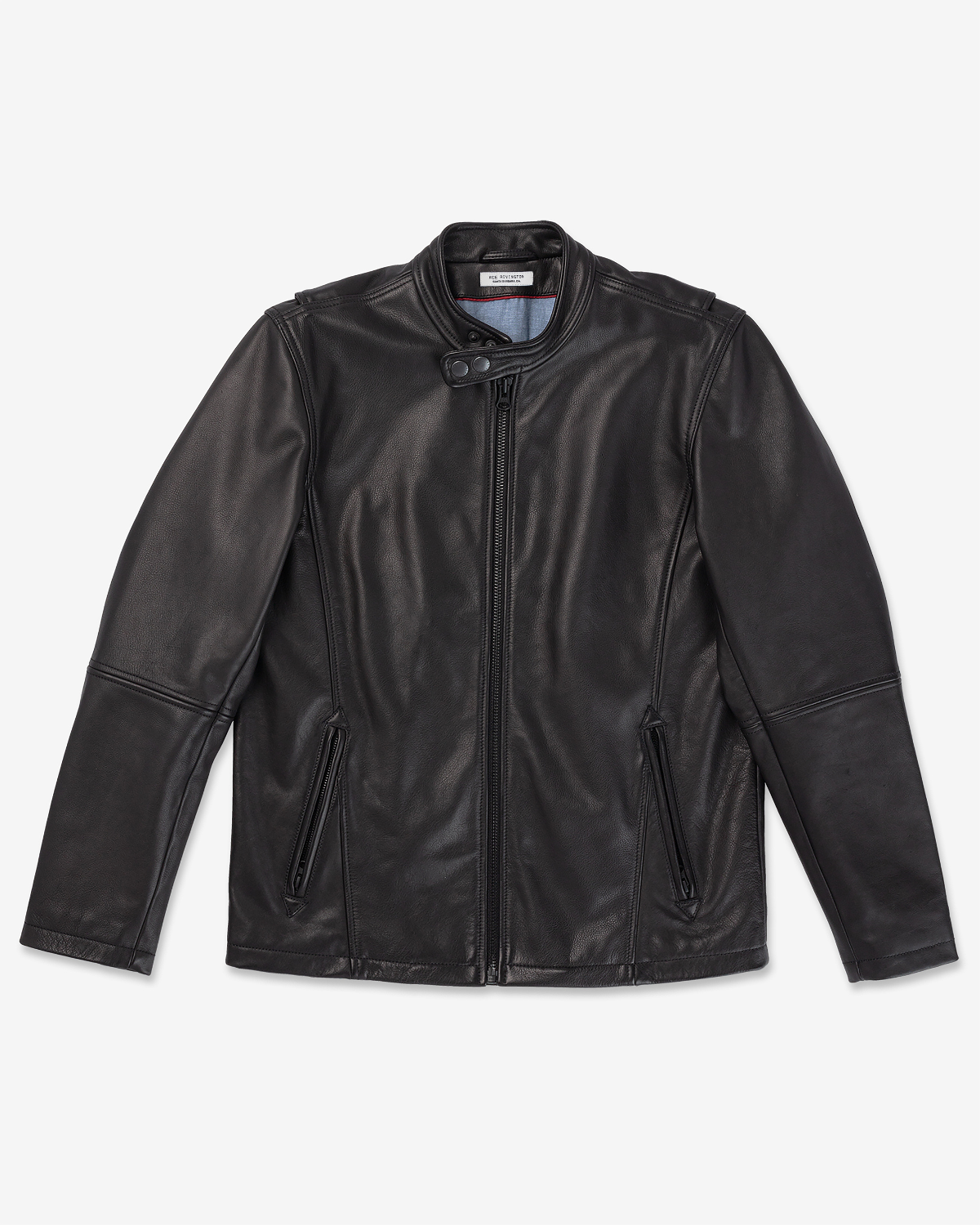 Vintage Black - Cowhide - Cafe Racer Super Soft Leather with Center Front Zip Closure with 2 Zip welt outside pockets and snap neck flap. Professionally Clean jacket features a stand-up collar with a snap button closure and detailed stitching on the shoulders and sleeves.