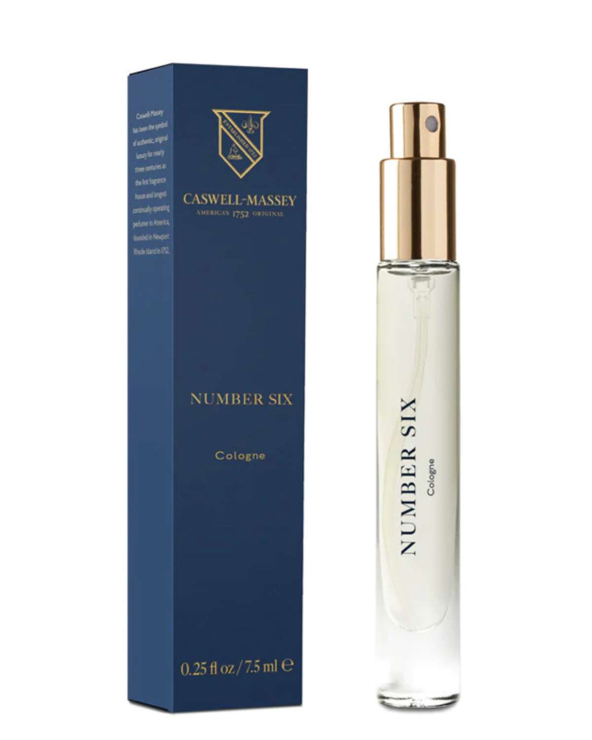 Ace Rivington Caswell-Massey Number Six Cologne shows a 7.5 ml (0.25 fl oz) spray bottle of Number Six cologne with a gold cap and a blue box. The box features the Caswell-Massey logo and text describing the product. The cologne bottle is clear with 'NUMBER SIX' and 'Cologne' written in blue text.