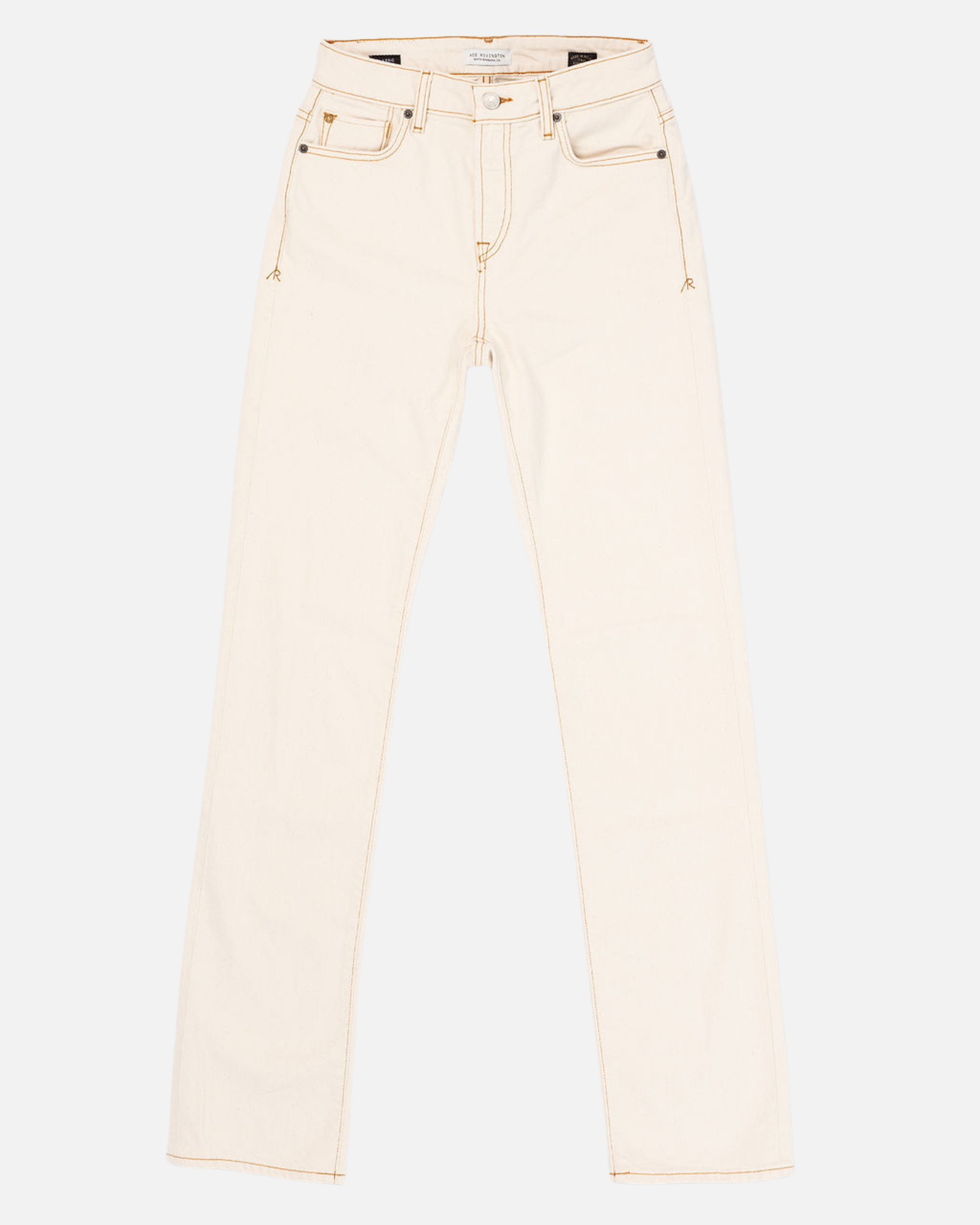 A pair of Ace Rivington Women's Classic Straight Comfort Denim Jeans in an Ecru Rinse color features a high waist, straight leg cut, and classic five-pocket styling with visible stitching. The fabric appears to be a light beige or off-white color, and are laid flat against a plain white background.