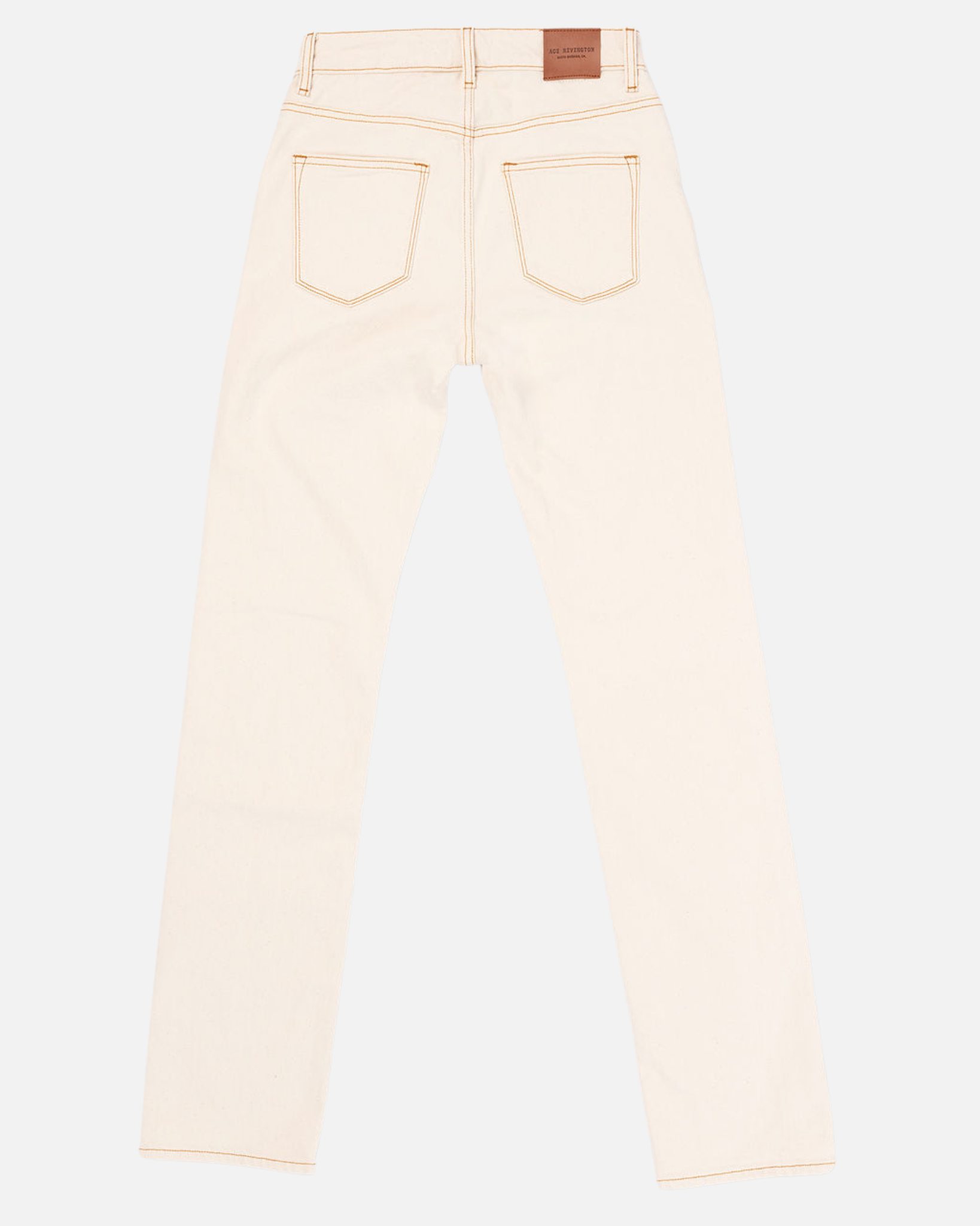 Back view of Ace Rivington Ecru Rinse - Women's Classic Straight Comfort Denim Jeans. The jeans feature two back pockets, a leather patch on the waistband, and straight legs.