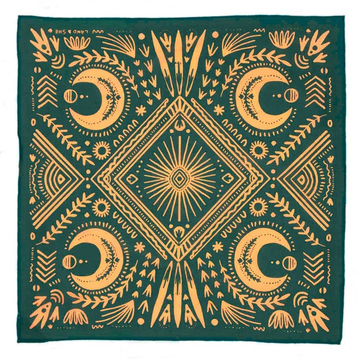 bandana with green and gold diamond and crescent moon design