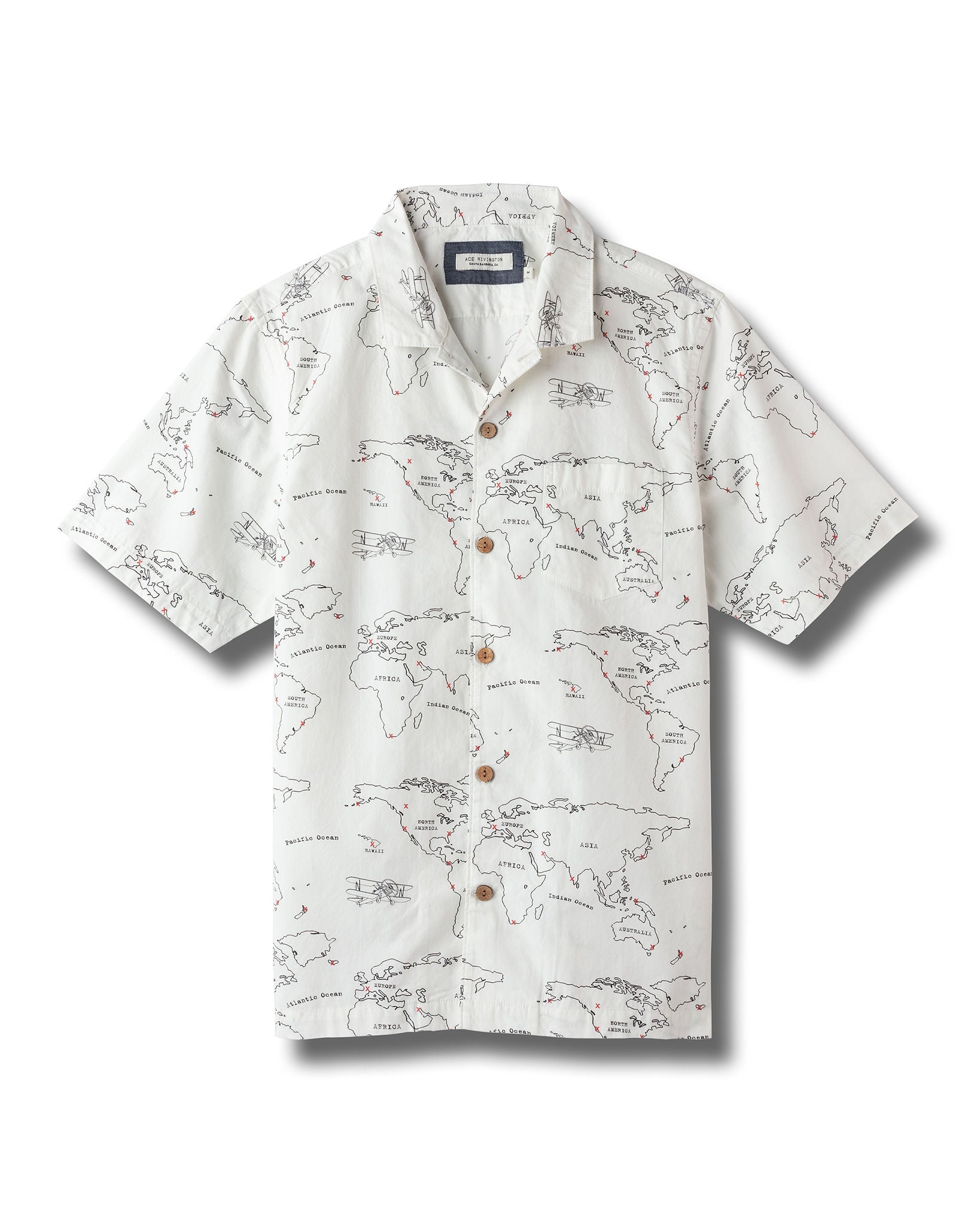 front of men's map print short sleeve button up shirt with wooden buttons