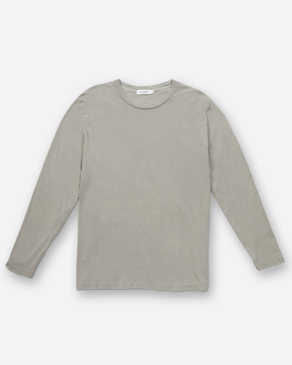 front of long sleeve off-grey Ace Rivington "super soft" supima long staple cotton shirt with outstretched arms