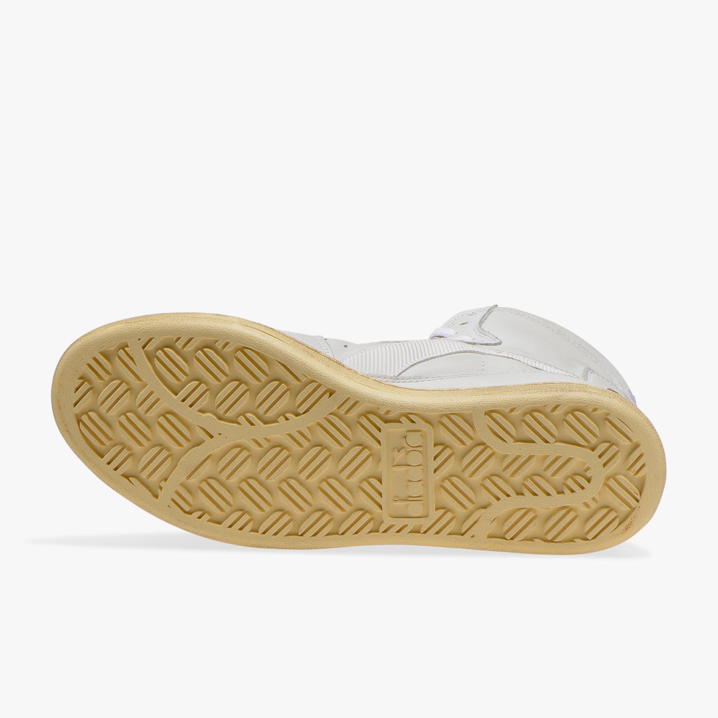 view from bottom of sole of diadora white mi basket used shoe with white stripe and beige sole