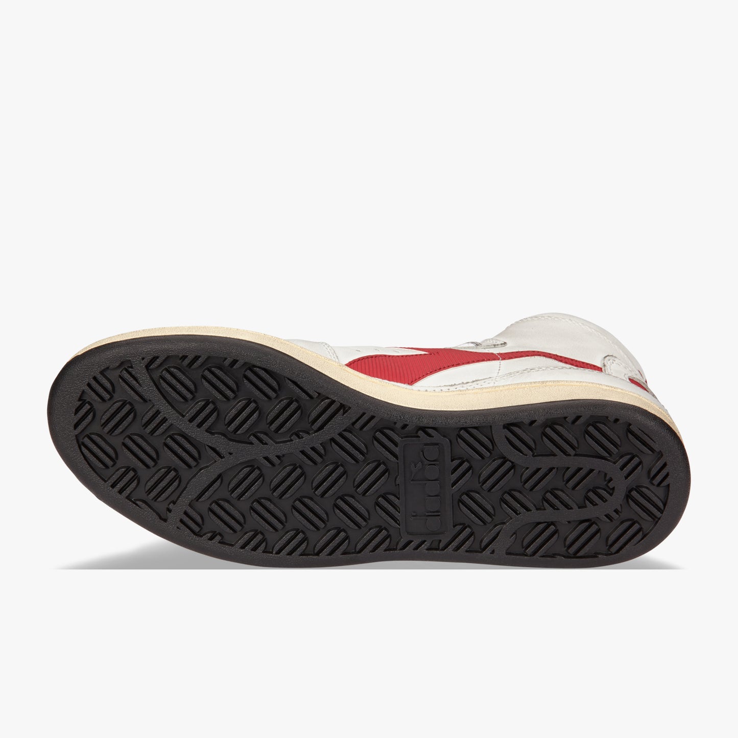 bottom view of sole of diadora white mi basket used shoe with red stripe