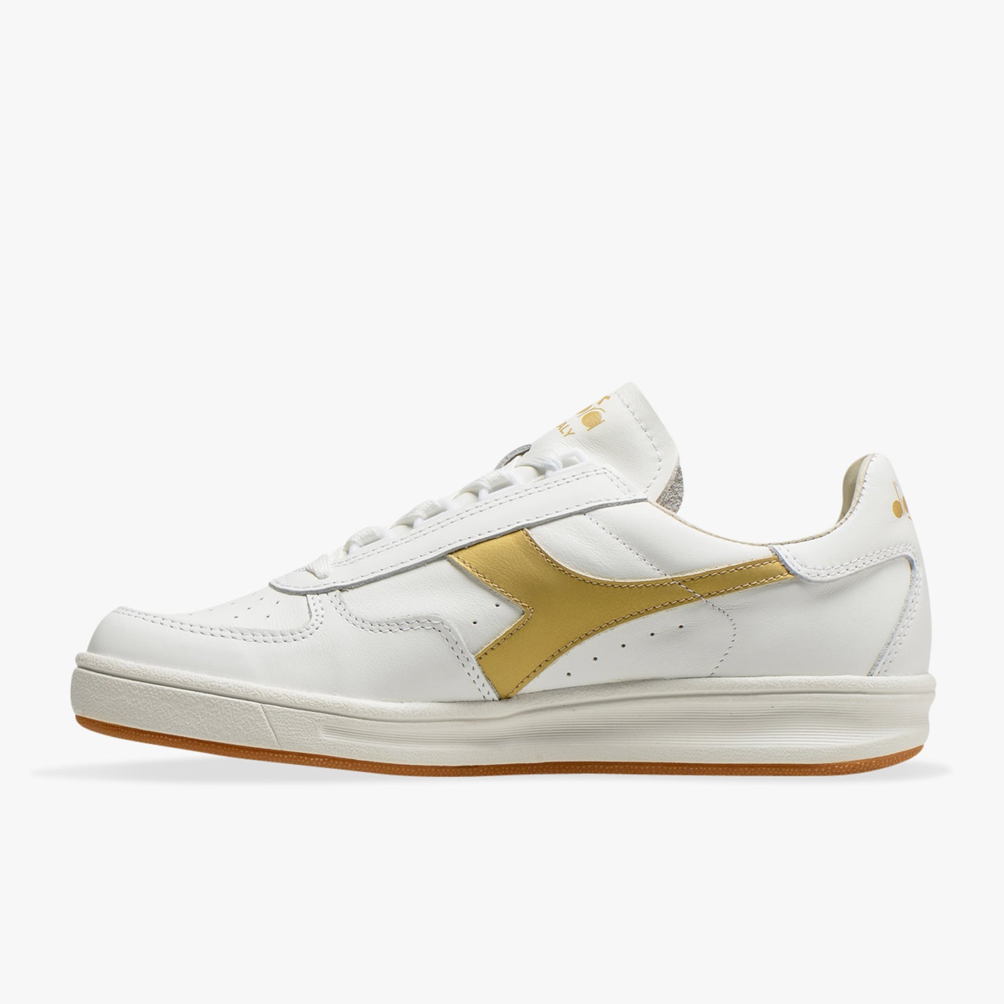 alternate side view of white and gold B. elite h italia sport diadora shoe made in italy