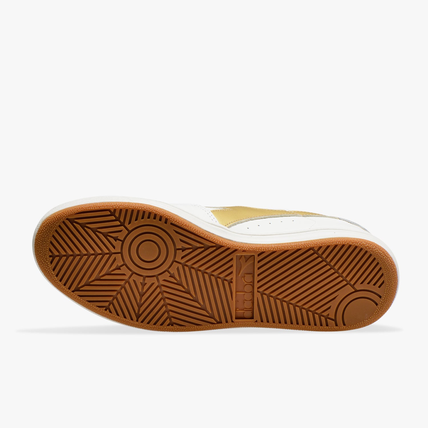 bottom sole view of white and gold B. elite h italia sport diadora shoe made in italy