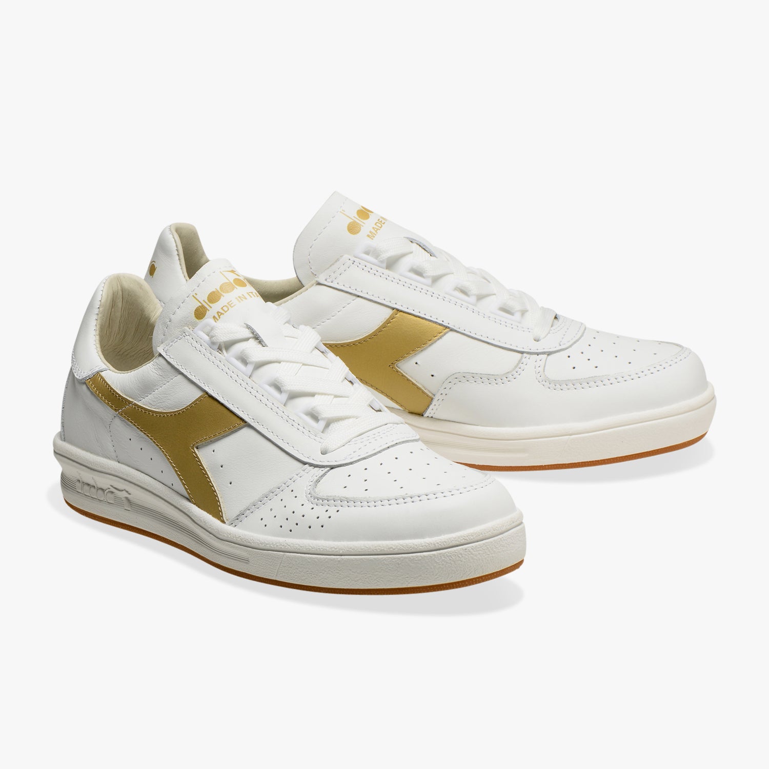 side by side view of white and gold B. elite h italia sport diadora shoes made in italy