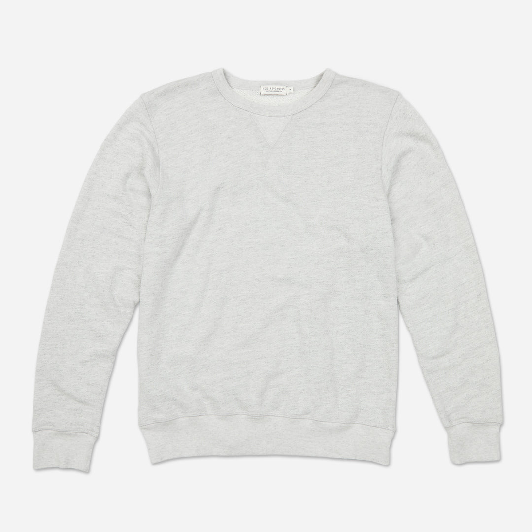 front of fully extended off white grey homespun french terry crew neck sweatshirt with white accent stitching