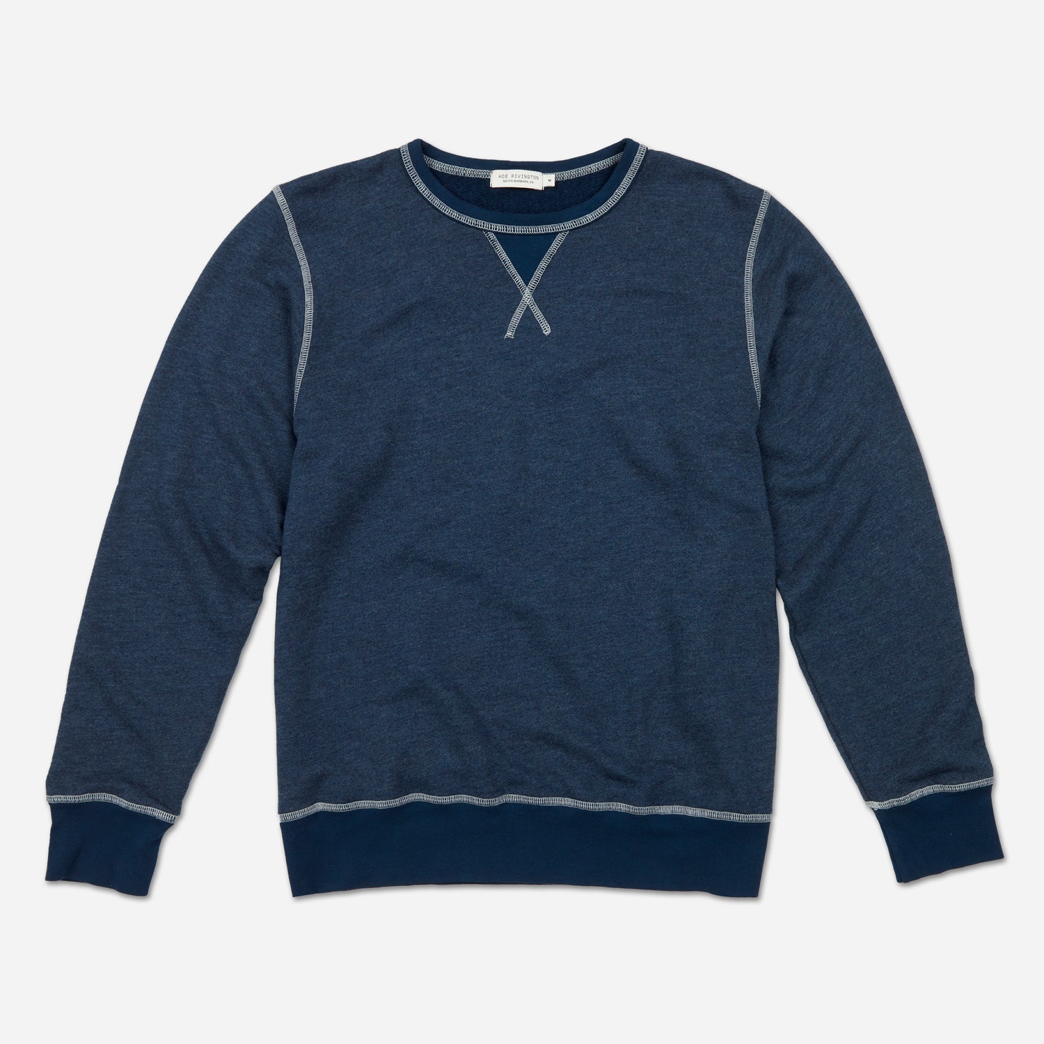 front of fully extended off navy blue homespun french terry crew neck sweatshirt with white accent stitching