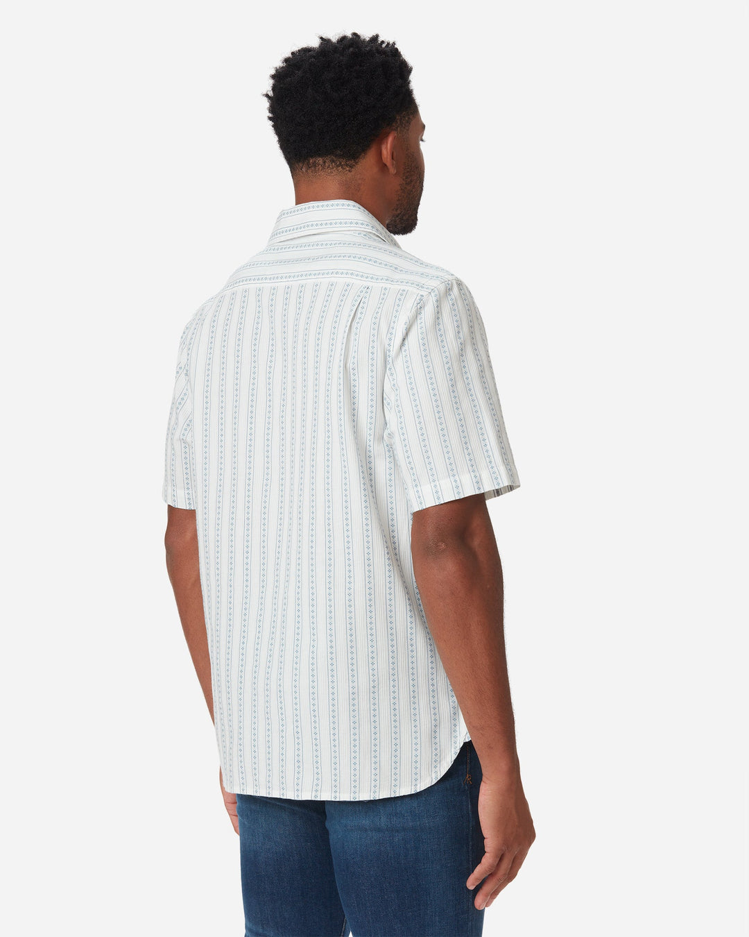 Model facing away with slightly rightward gaze wearing Ace rivington light-weight tailored shirt in off-white with light blue vertical stripes and dark blue diamond pattern within each stripe with pearl buttons and left-breast pocket and pair of Ace Rivington dirty vintage blue denim jeans with slight stylistic wear