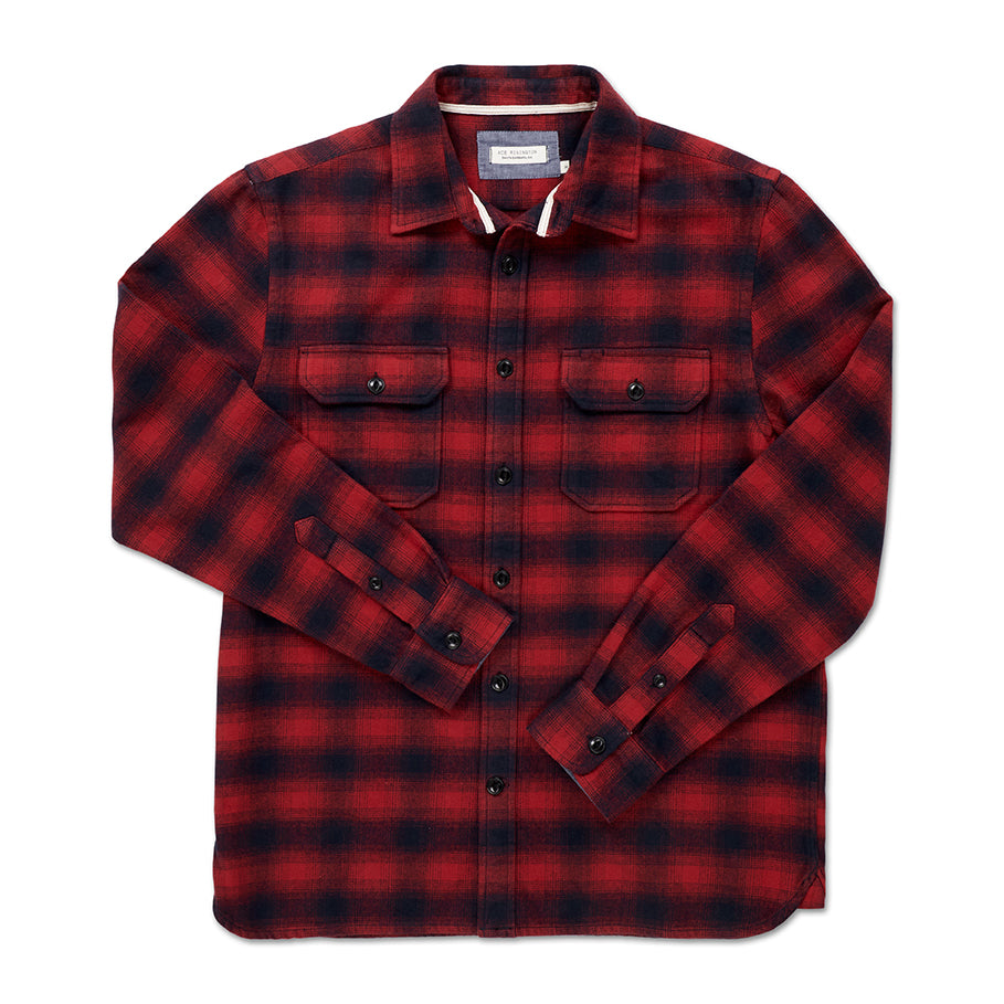 front of men's black and red plaid pattern flannel with white collar stripe and overlaid arms