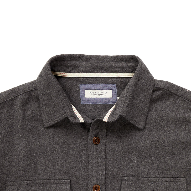 close up of collar and Ace Rivington logo tag on men's light grey flannel in standard height option