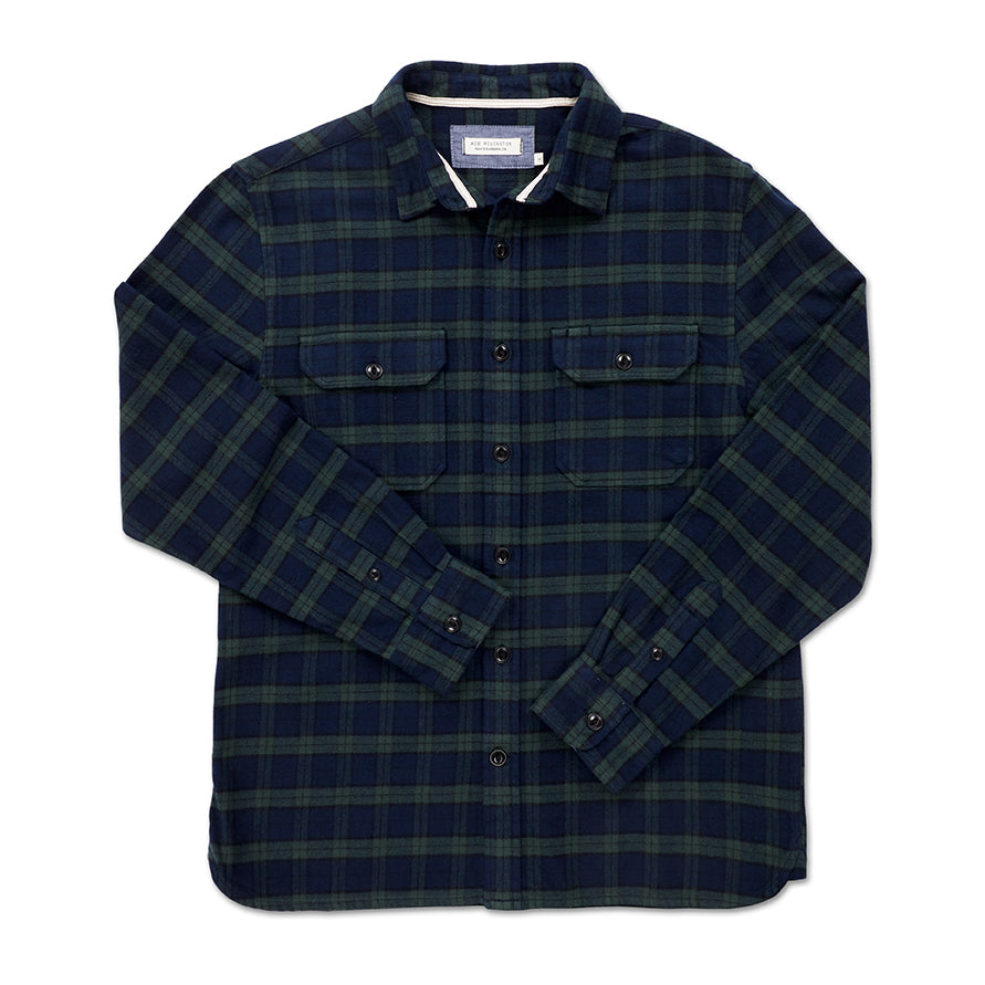 front view of men's blue and green plaid pattern flannel with overlaid arms