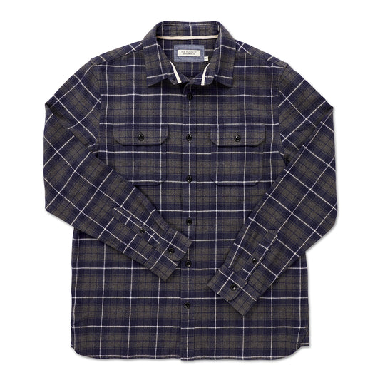 front view of men's flannel with white, blue, and grey plaid pattern with overlaid arms