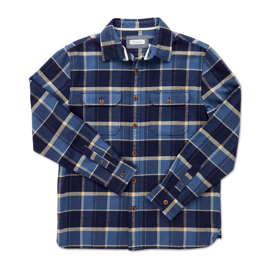 front of men's off white dark blue and light blue plaid pattern flannel with brown buttons and white collar stripe and overlaid arms in standard height option