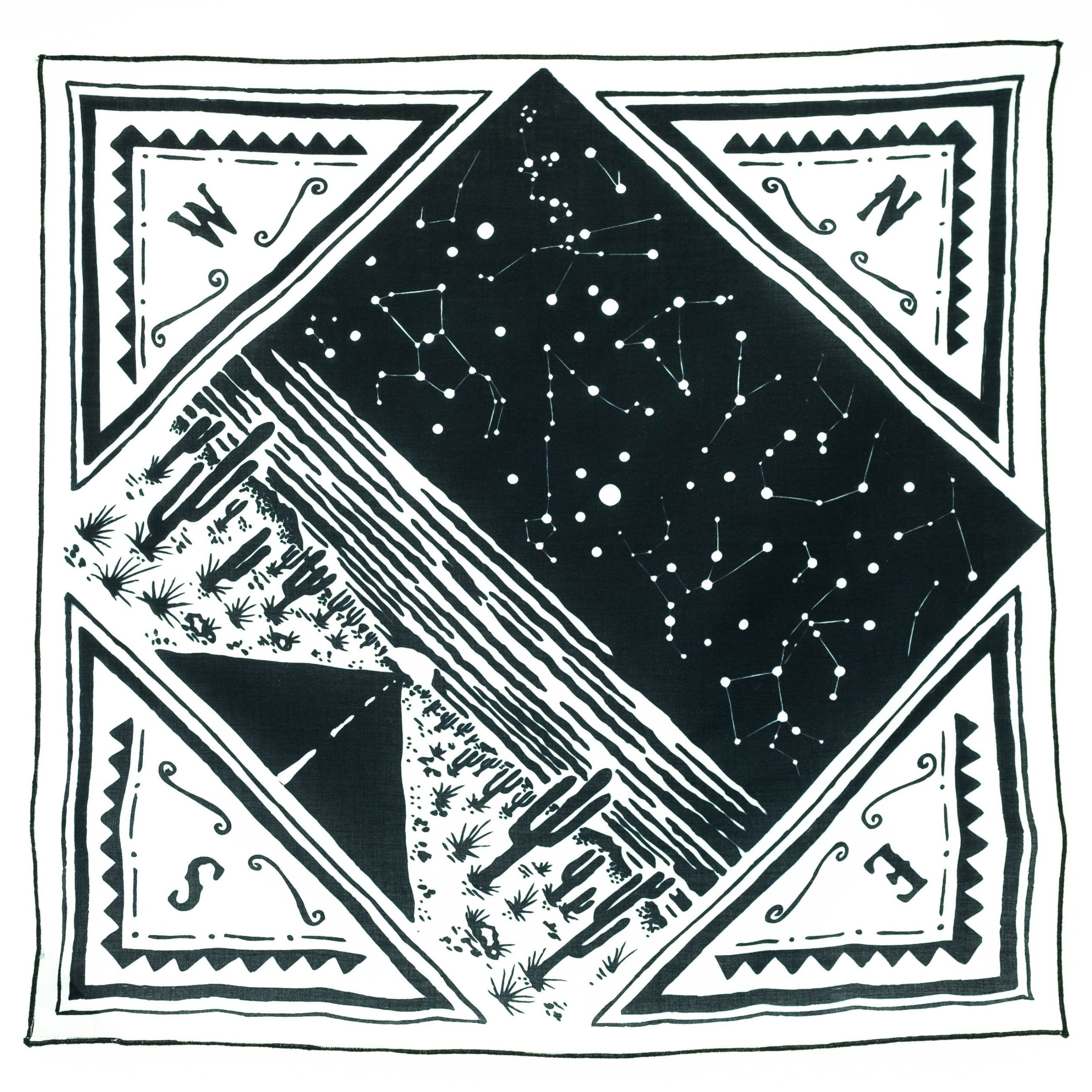 black and white bandana with corners denoting the four circumnavigational directions with an interior square image of a desert highway beset by saguaros, the sunset, and the sky as a constellation diagram