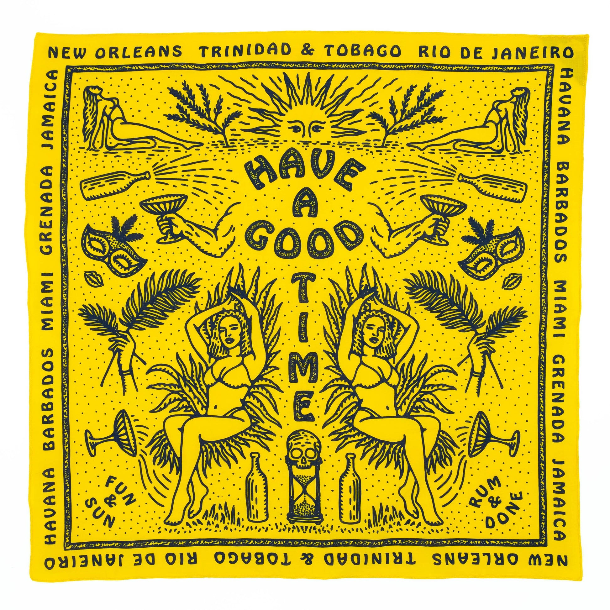 bandana print with imperative have a good time enclosed within the frame of a dionesian figure with the sun as a head holding a glass of wine in each hand and bikini clad women on each leg and along the edges of the interior border outside of which multiple tourist locations are  printed 