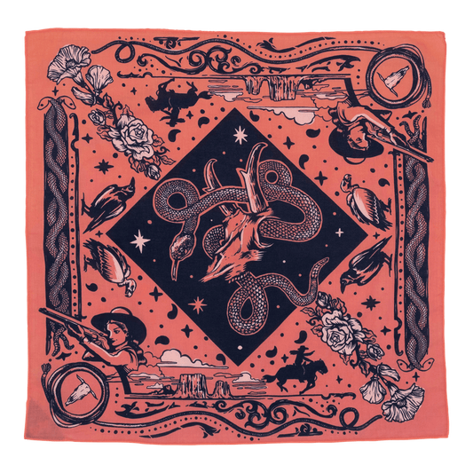old west style pattern bandana with sharpshooter woman horses and snake crawling through an animal skull
