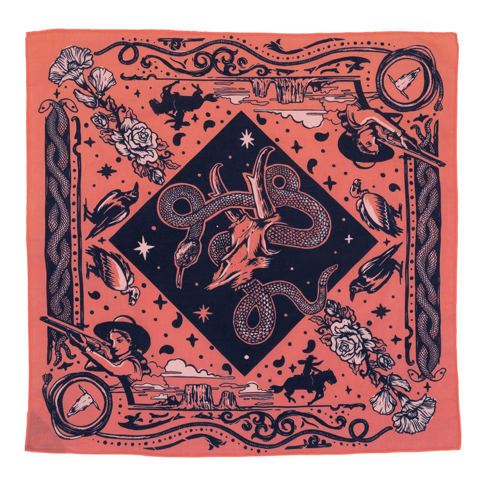old west style pattern bandana with sharpshooter woman horses and snake crawling through an animal skull