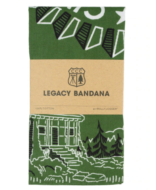 green forest printed bandana with print of a cabin in the woods